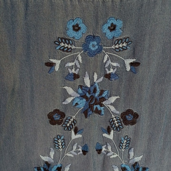 Nanette Lepore Size S Chambray Shift Dress Blue Embroidered Crochet Trim - Picture 4 of 10